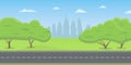 Road or highway in the city park or countryside with cityscape. Landscape with green trees, grass and sky. Vector illustration. Royalty Free Stock Photo